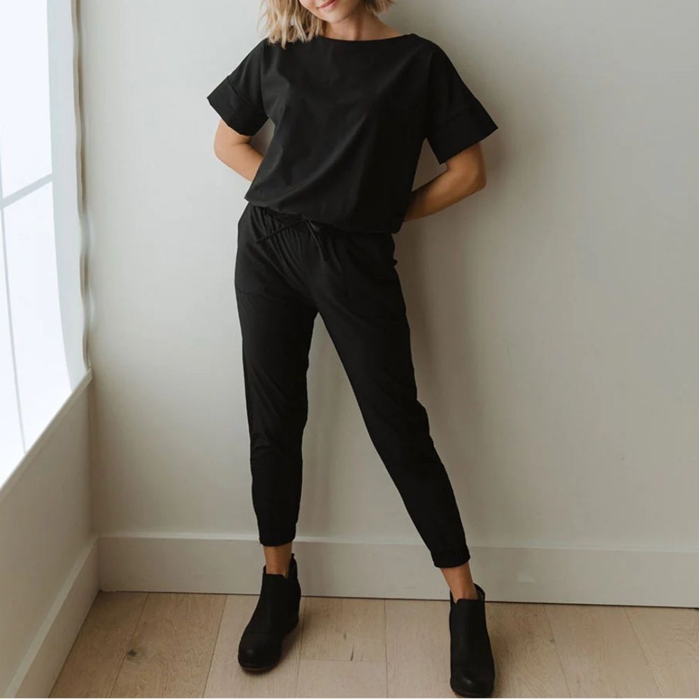 Albion Fit Black Everyday Jumpsuit Size Large Quick Dry Short Sleeve Cinch Waist